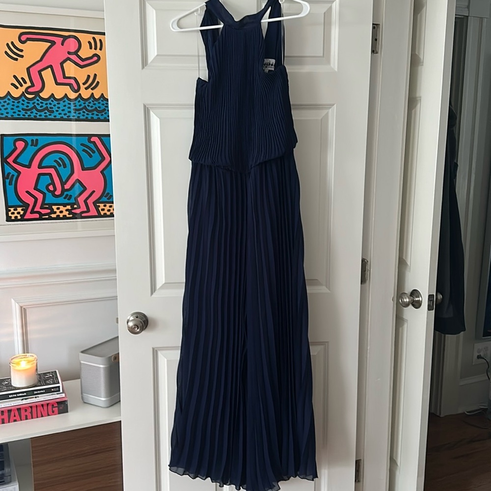 Meghan LA Navy Pleated Halter Jumpsuit
